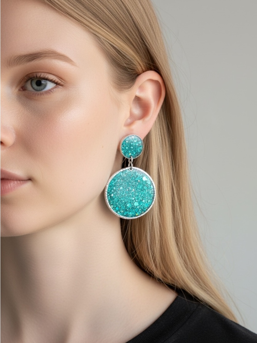 10/3 Turquoise Glitter Disc Drop Earrings - Women Jewelry